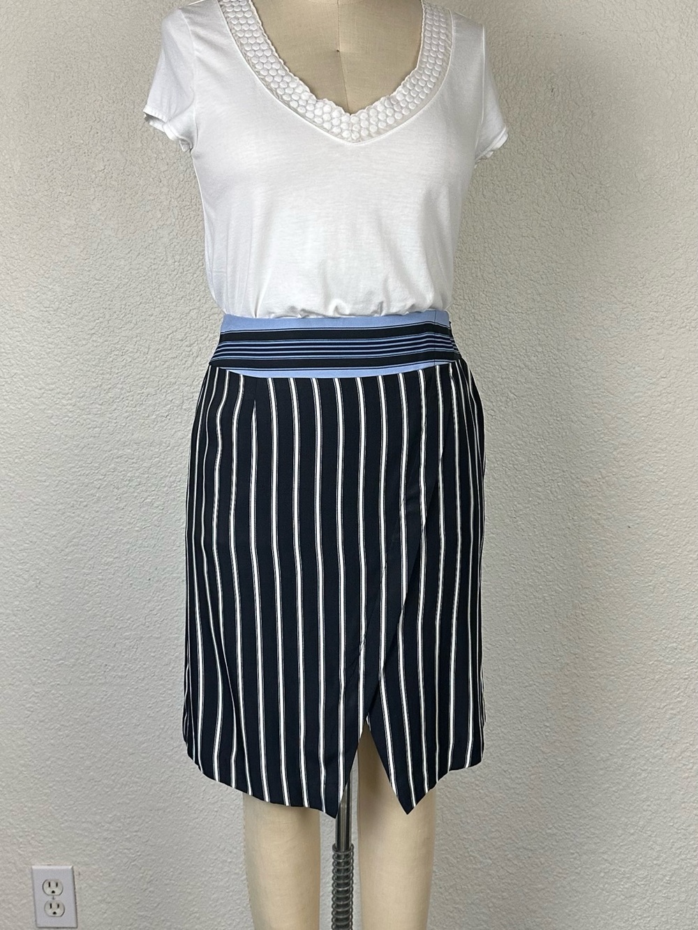 Striped Navy Pencil Skirt with Blue Waistband